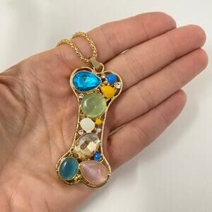 Vintage BETSEY JOHNSON Rhinestone Dog Bone Pendant Necklace Rose Gold Tone Chain